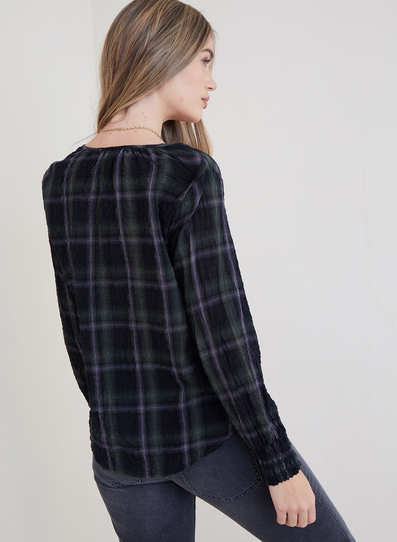 Plaid V-Neck Top- Garden Plaid