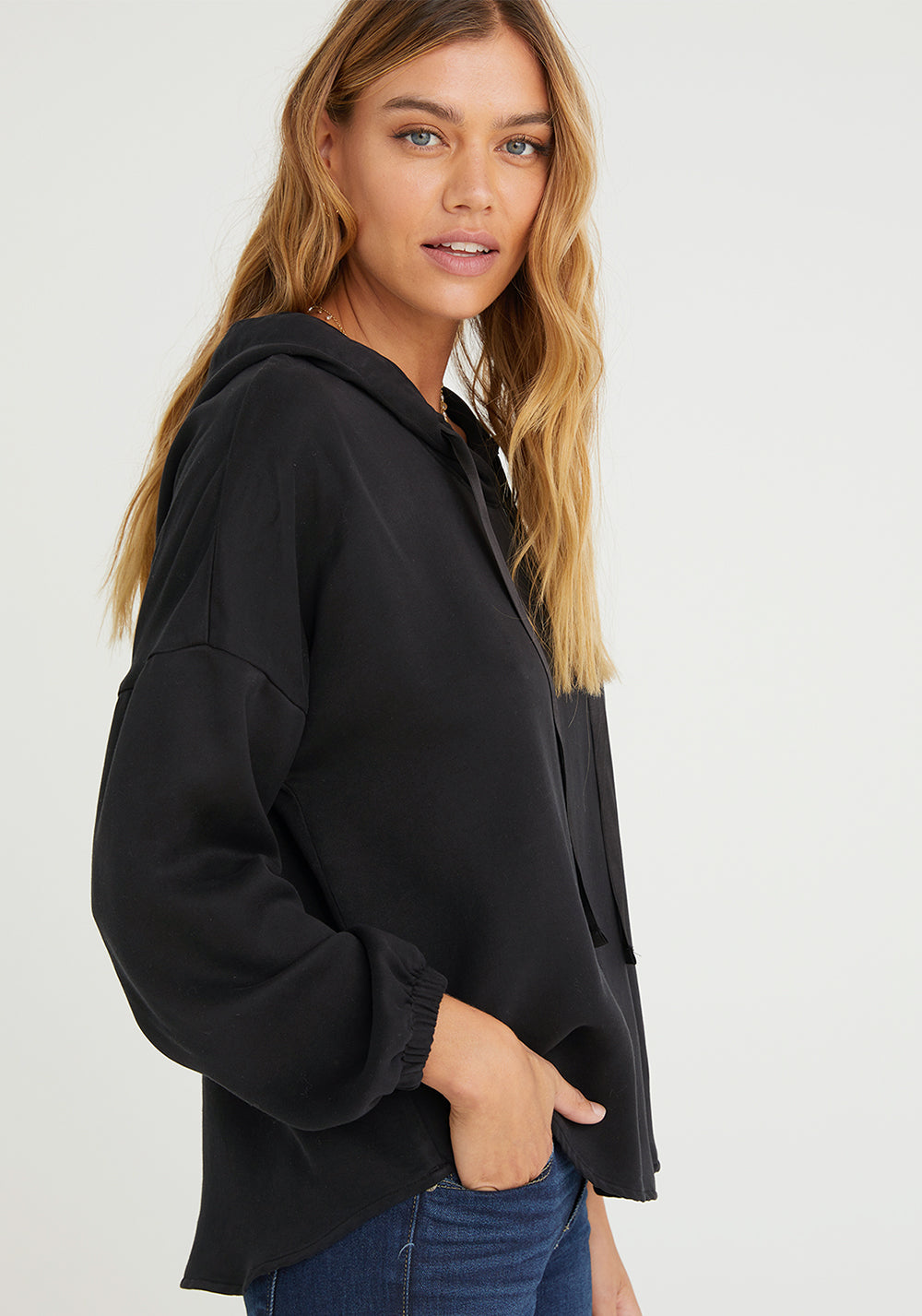 Long Sleeve V-Neck Hoodie - Black