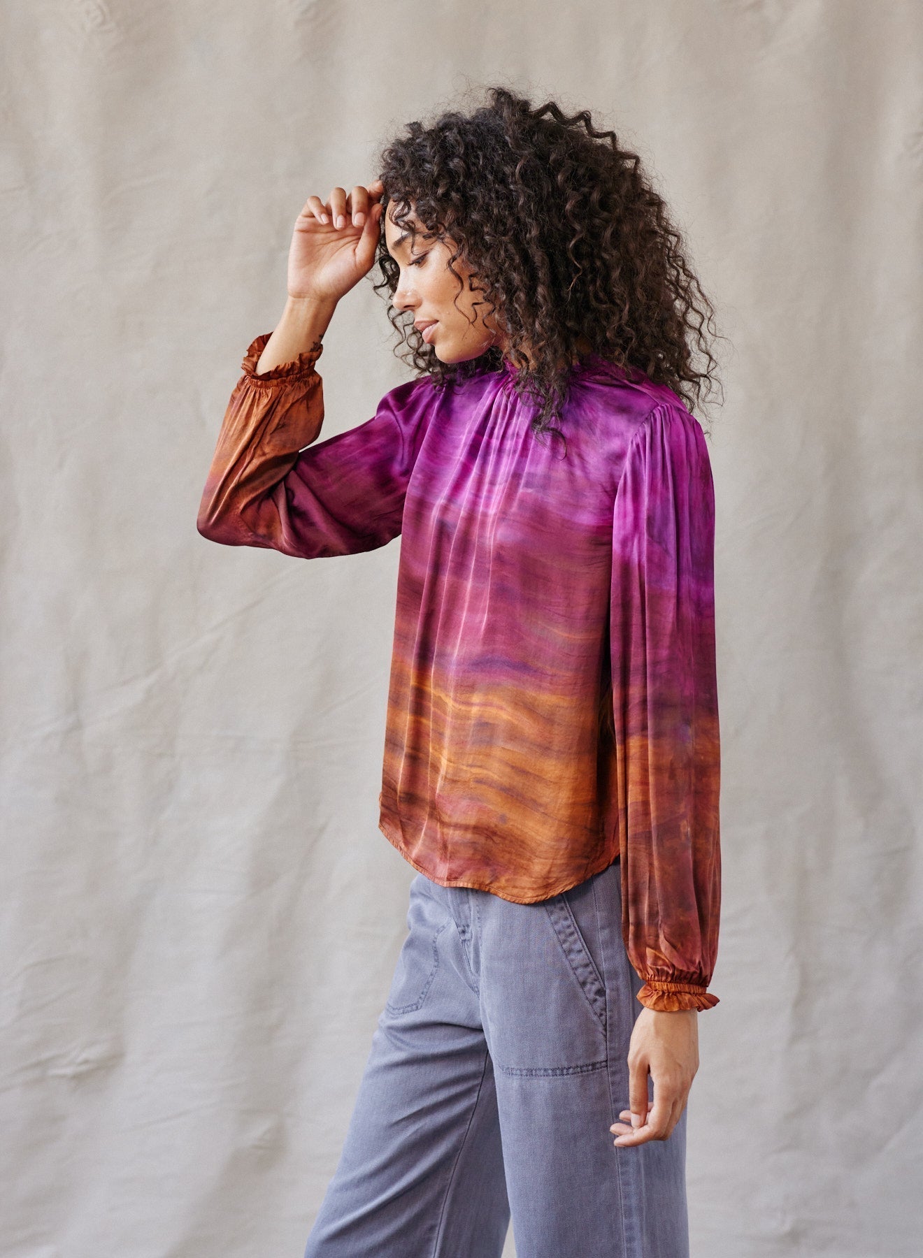 Tie-Dye Long Sleeve Ruffle Neck Top - Brandy Horizon Dye