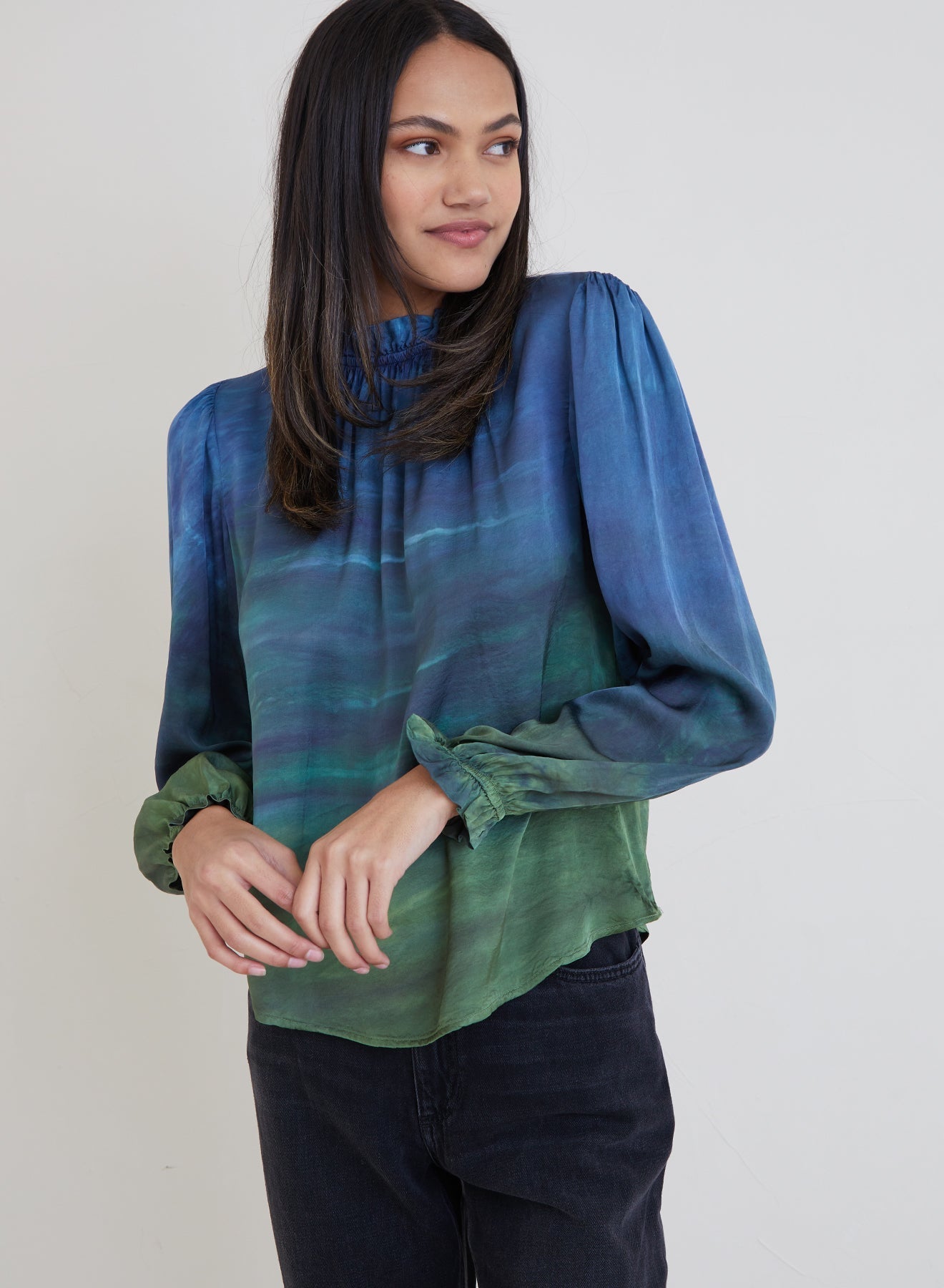 Tie-Dye Long Sleeve Ruffle Neck Top - Navy Ink Horizon Dye