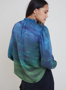 Tie-Dye Long Sleeve Ruffle Neck Top - Navy Ink Horizon Dye