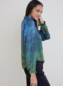 Tie-Dye Long Sleeve Ruffle Neck Top - Navy Ink Horizon Dye