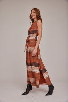 Sleeveless Pleat Front Maxi Dress - Rust Stripes Print