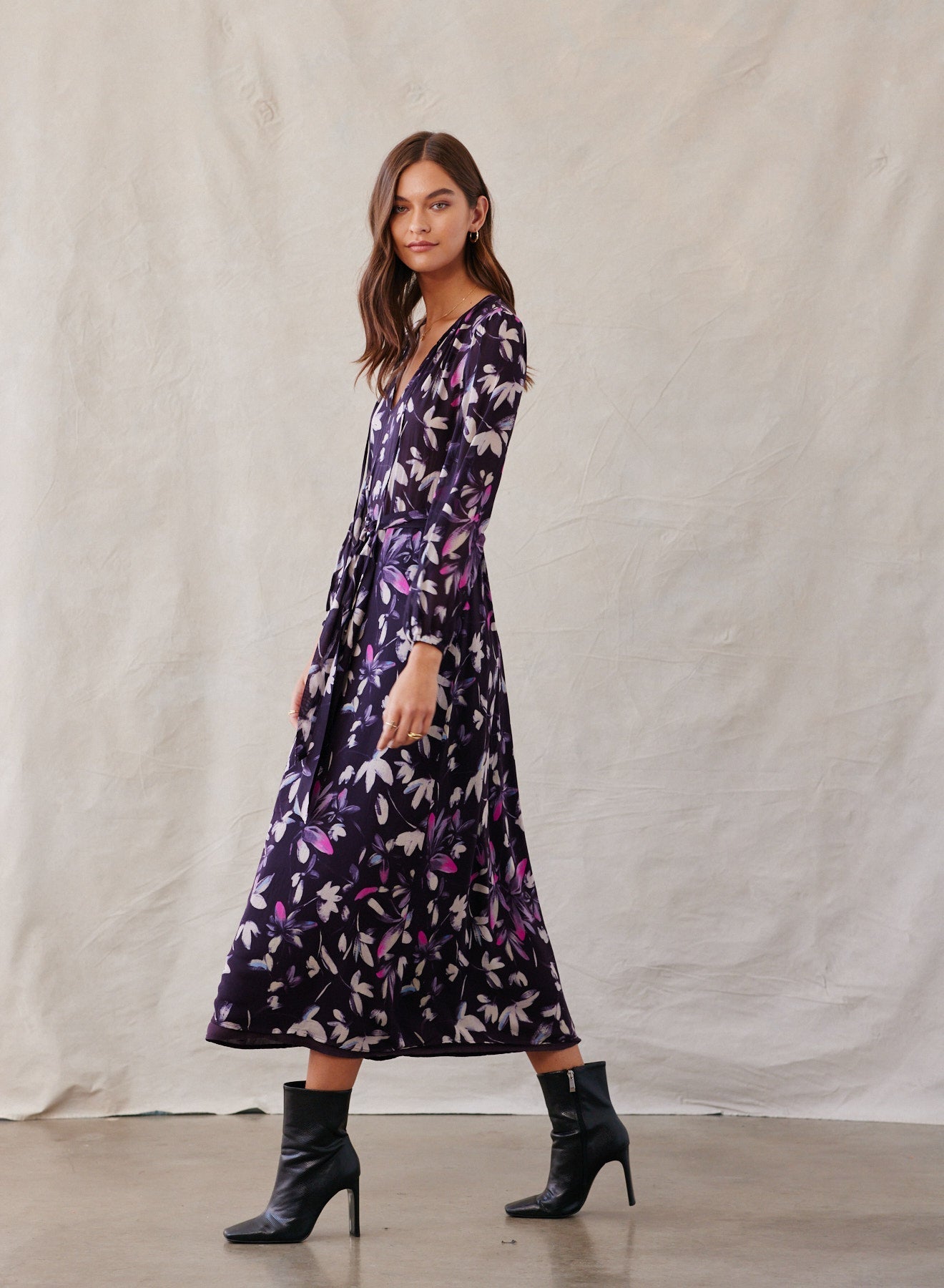 Smocked Back Maxi Dress - Floral Plum Print