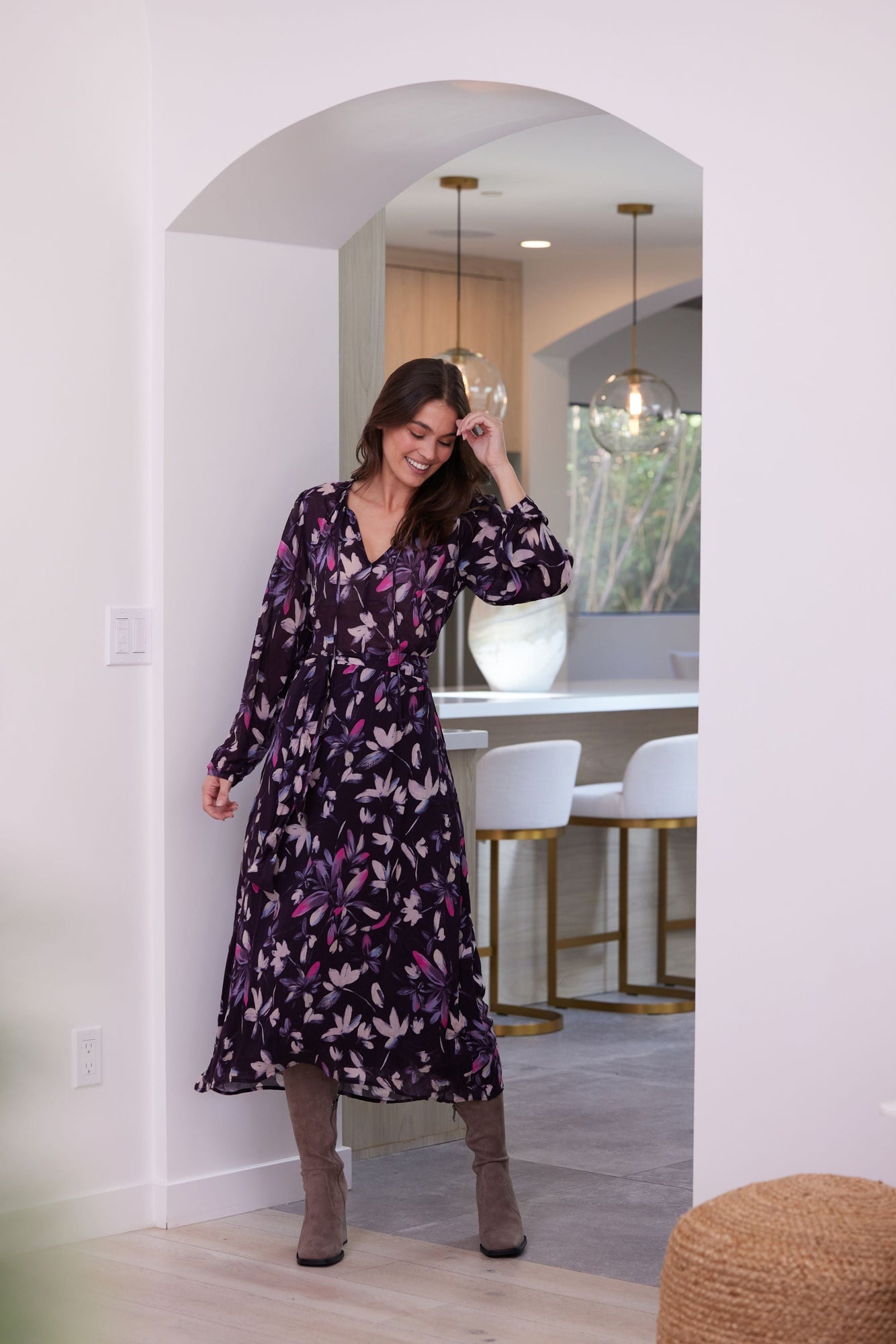 Smocked Back Maxi Dress - Floral Plum Print