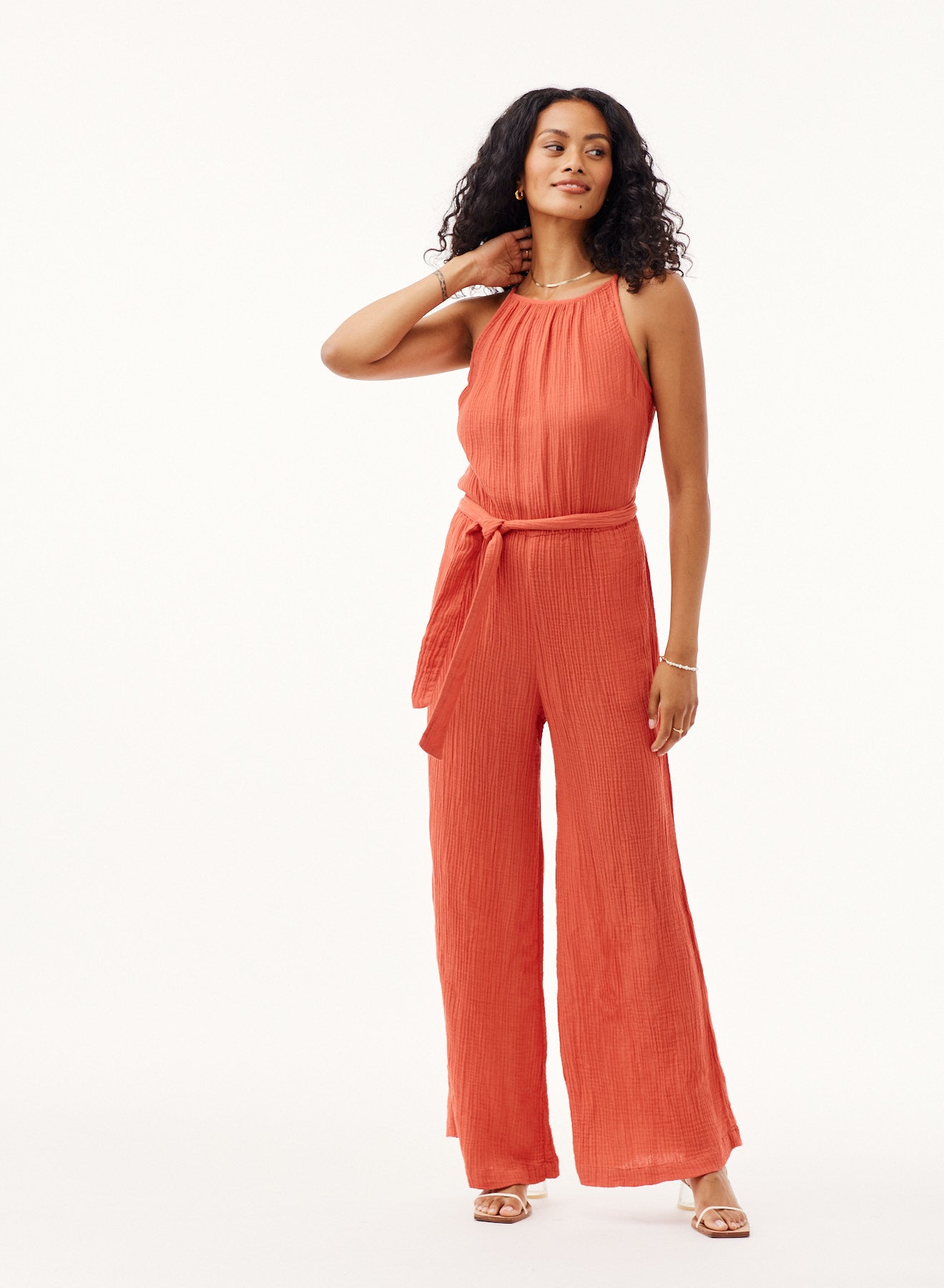 Smocked Back Cami Jumpsuit | Papaya Red