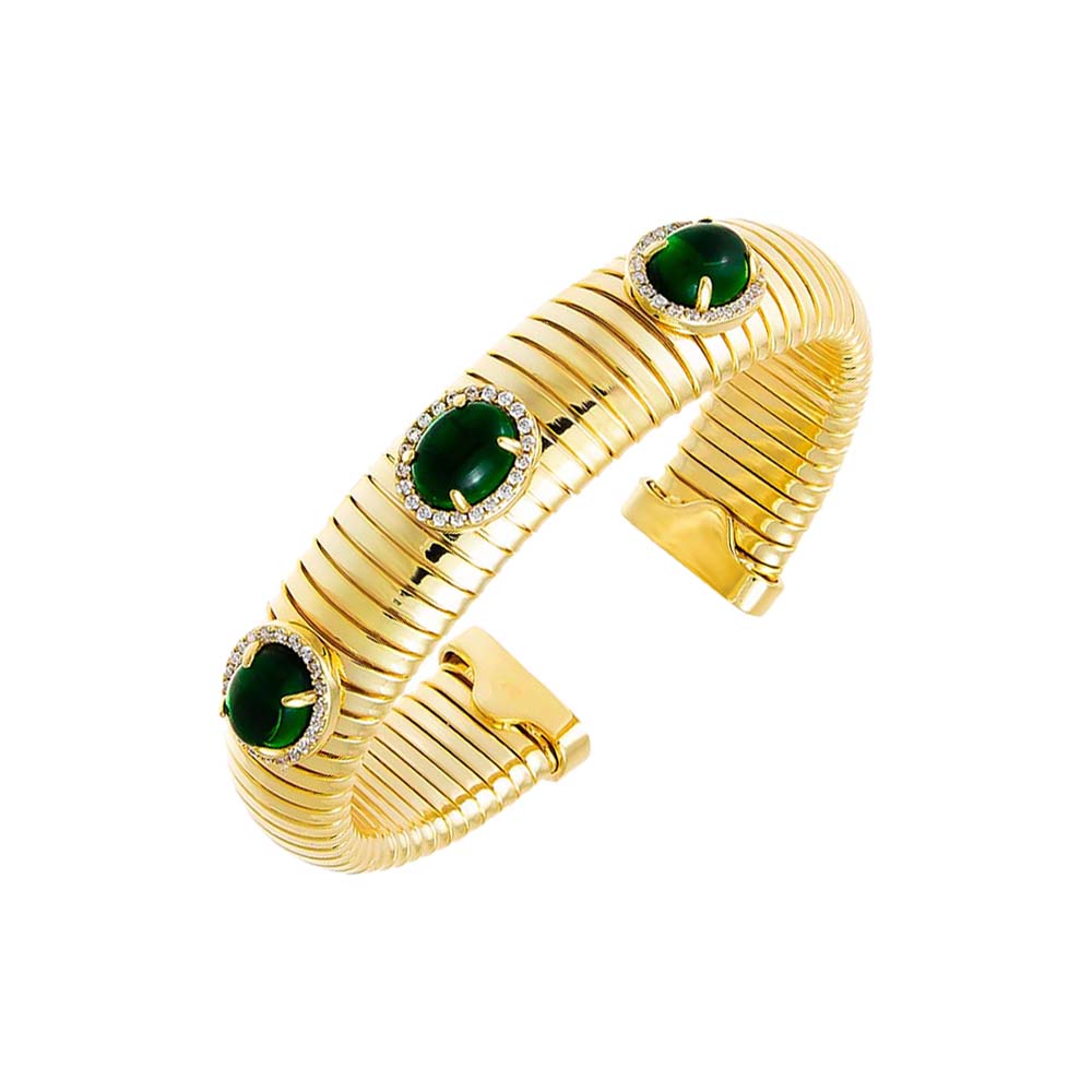 Emerald Green Colored Pave Triple Stone Wide Snake Bangle Bracelet - Adina's Jewels