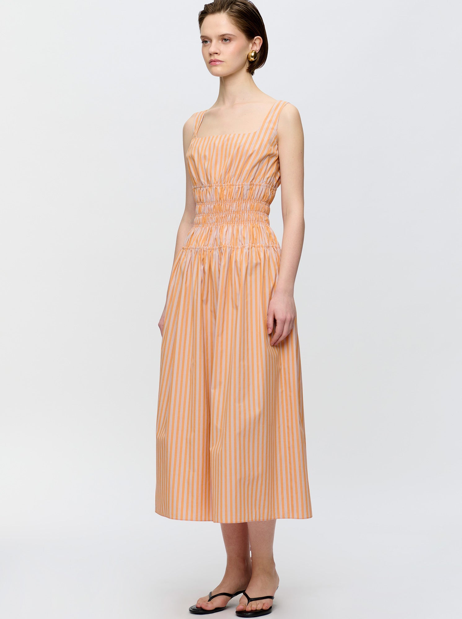 Belinda Gathered Waist Dress | Orange/White