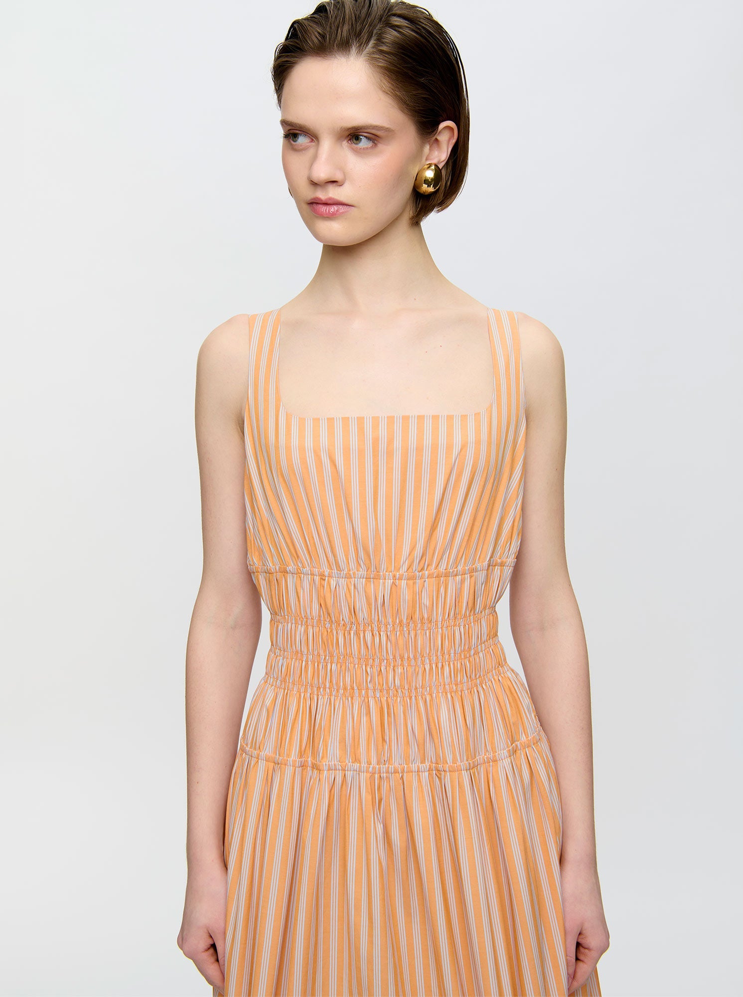 Belinda Gathered Waist Dress | Orange/White