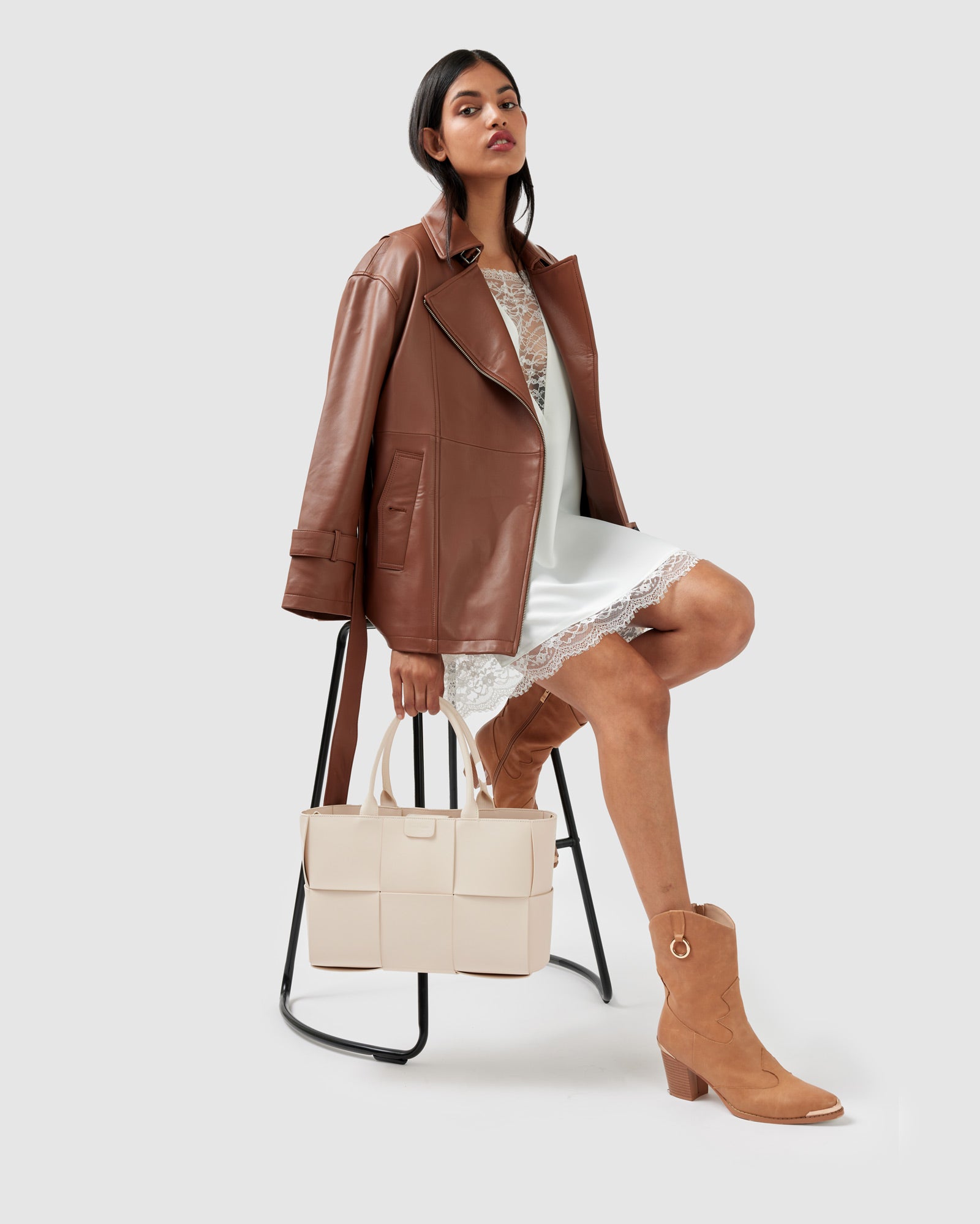 Women | BFF Belted Leather Jacket | Brown