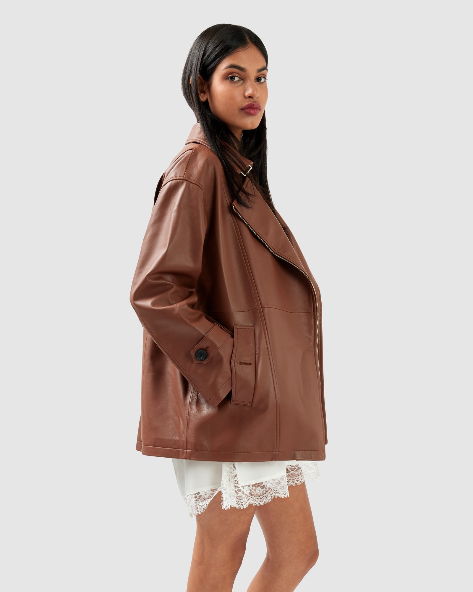 Women | BFF Belted Leather Jacket | Brown
