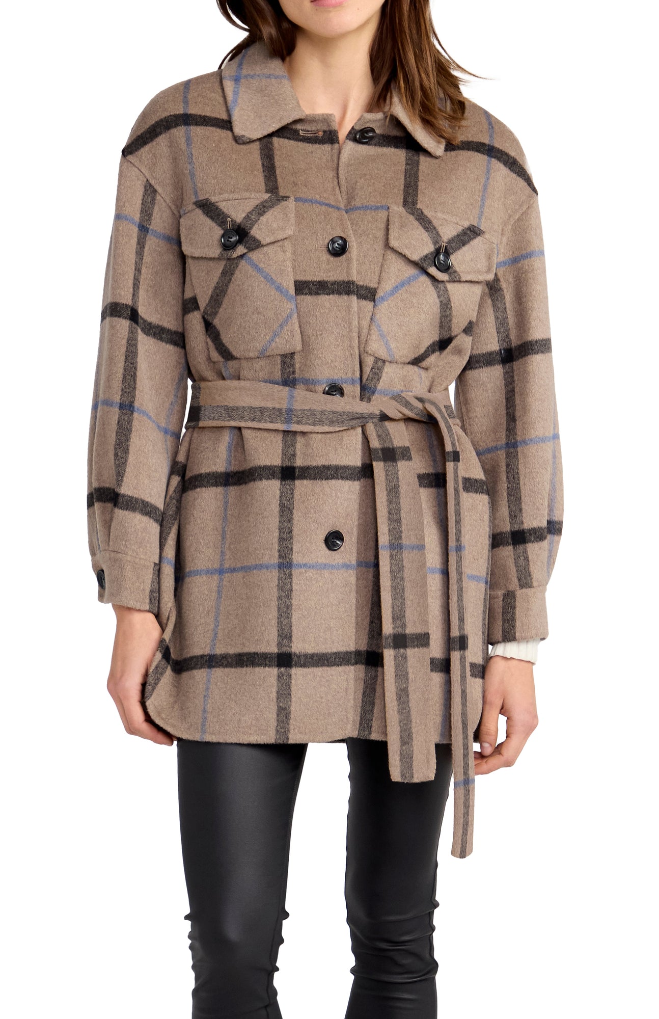 Women | Back Together Wool Blend Belted Shacket | Oat Plaid