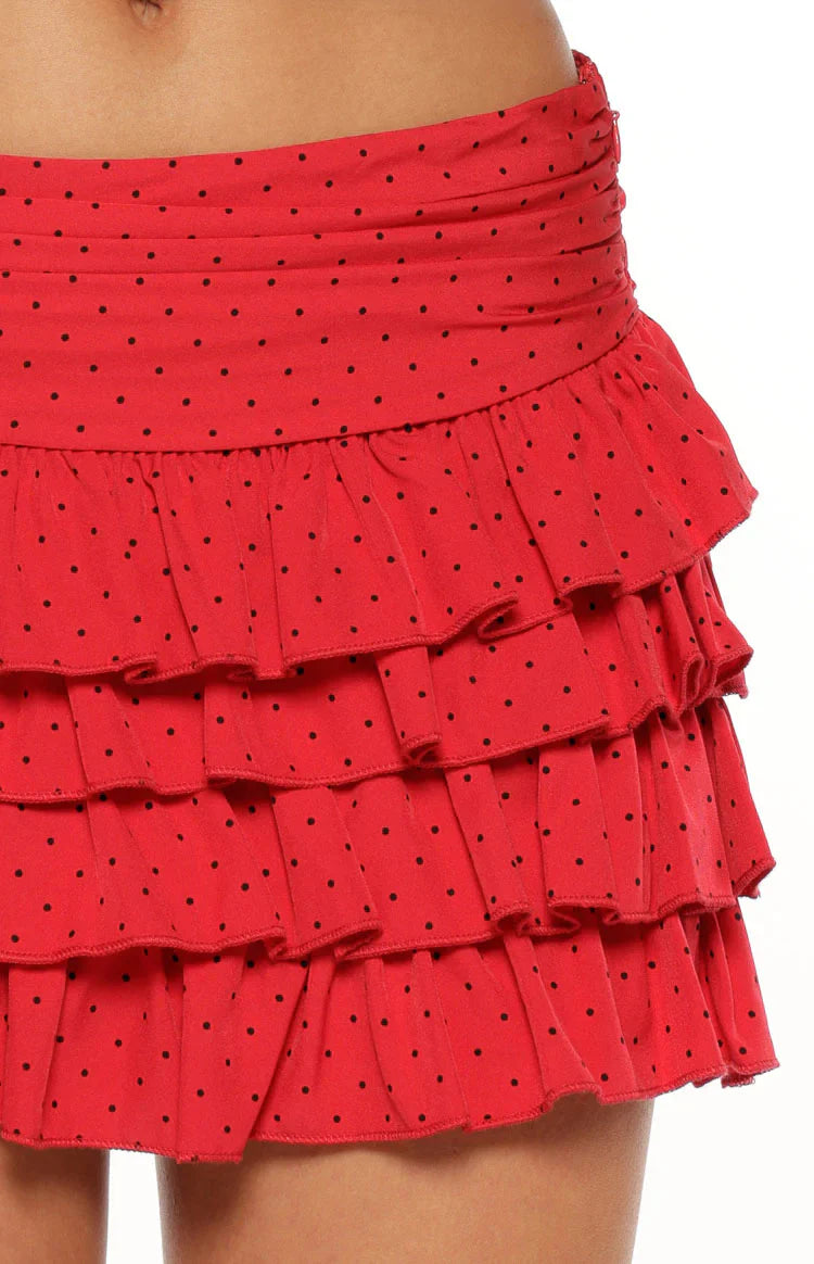 Beau Chiffon Polka Dot Mini Skirt | Red