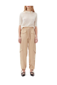 Beige Washed Satin Pocket Trousers | Safari