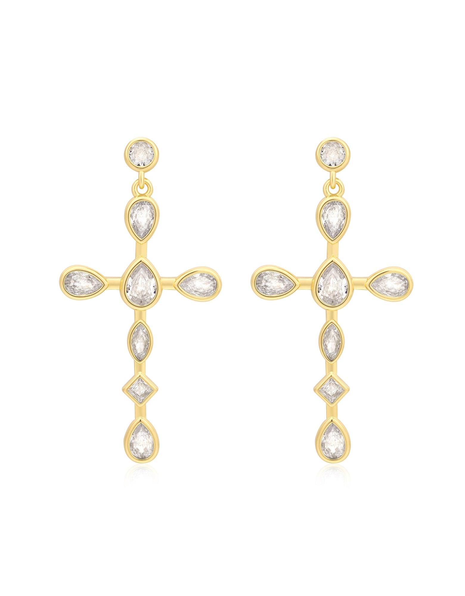 Bezel Stone Cross Studs | Cubic Zirconia | Gold