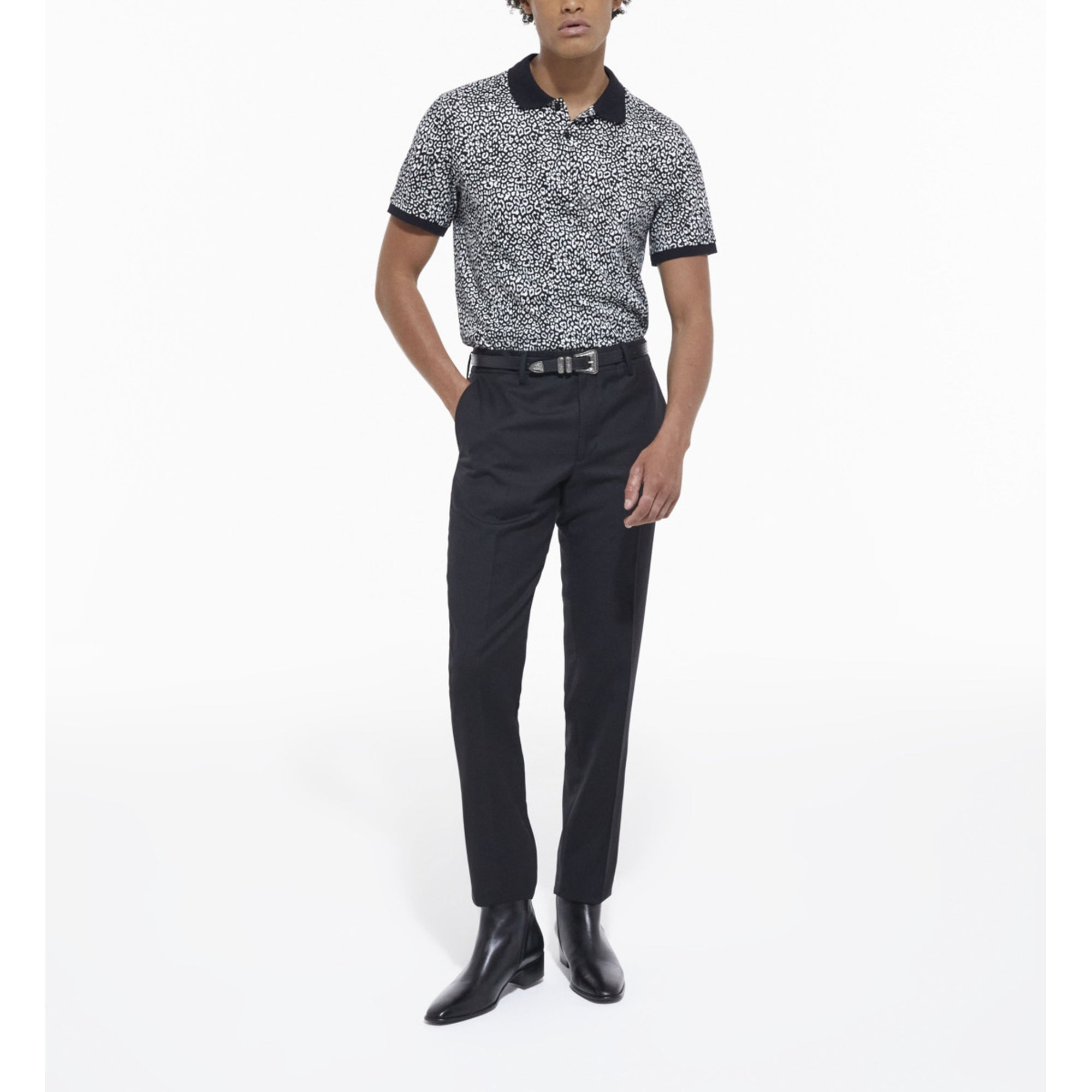 Black Leopard Print Polo | Men | Ecru