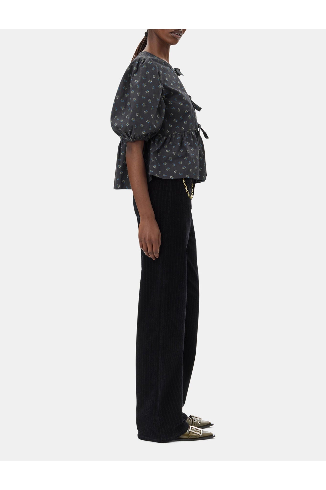 Black Printed Cotton Peplum Blouse | Phantom