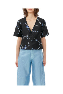 Blue 3D Jacquard V neck Blouse | Black