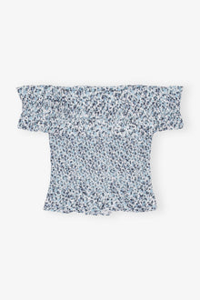 Blue Floral Printed Cotton Off shoulder Smock Top | Glacier Lake