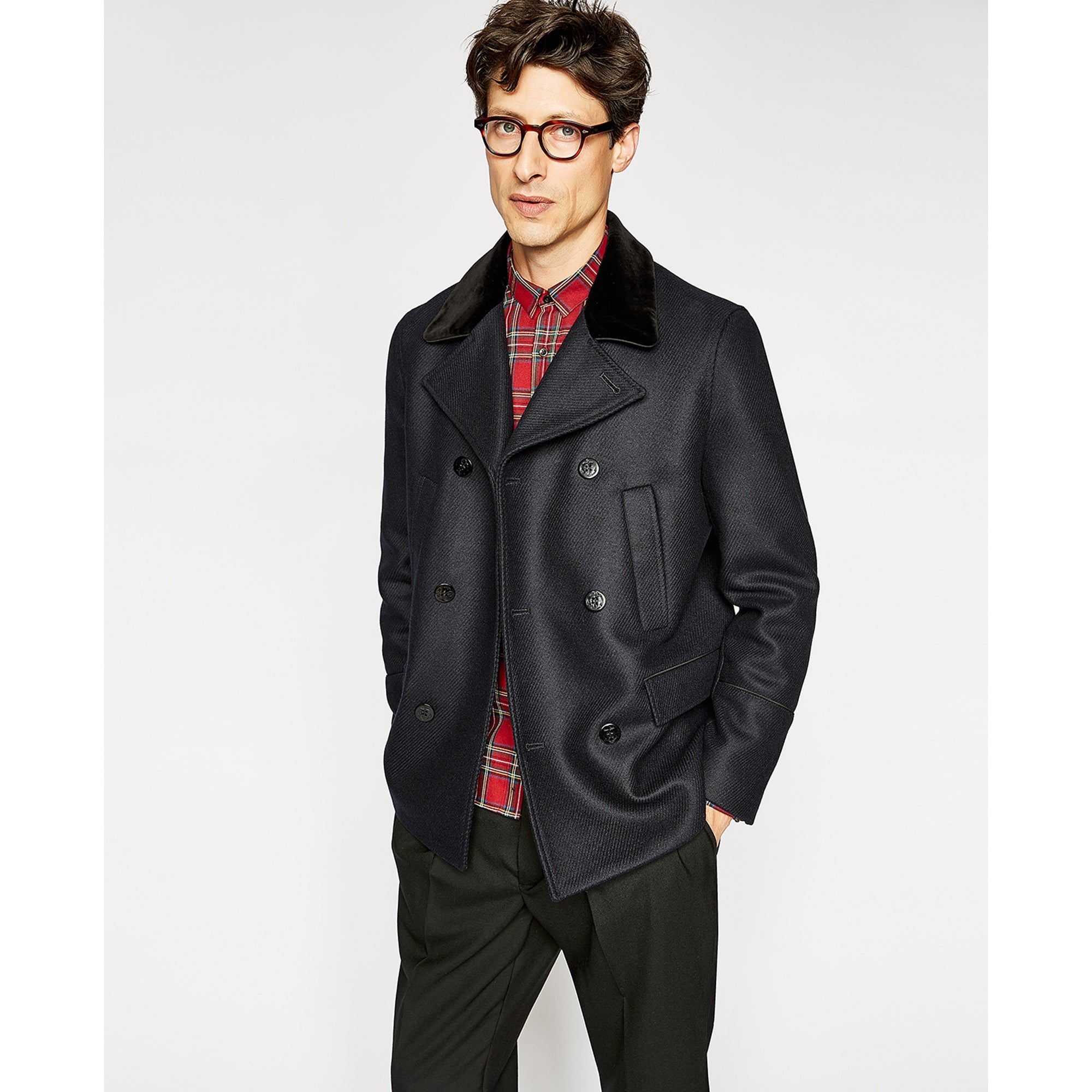 Blue Pea Coat With Velvet Collar | Men | Dark Navy