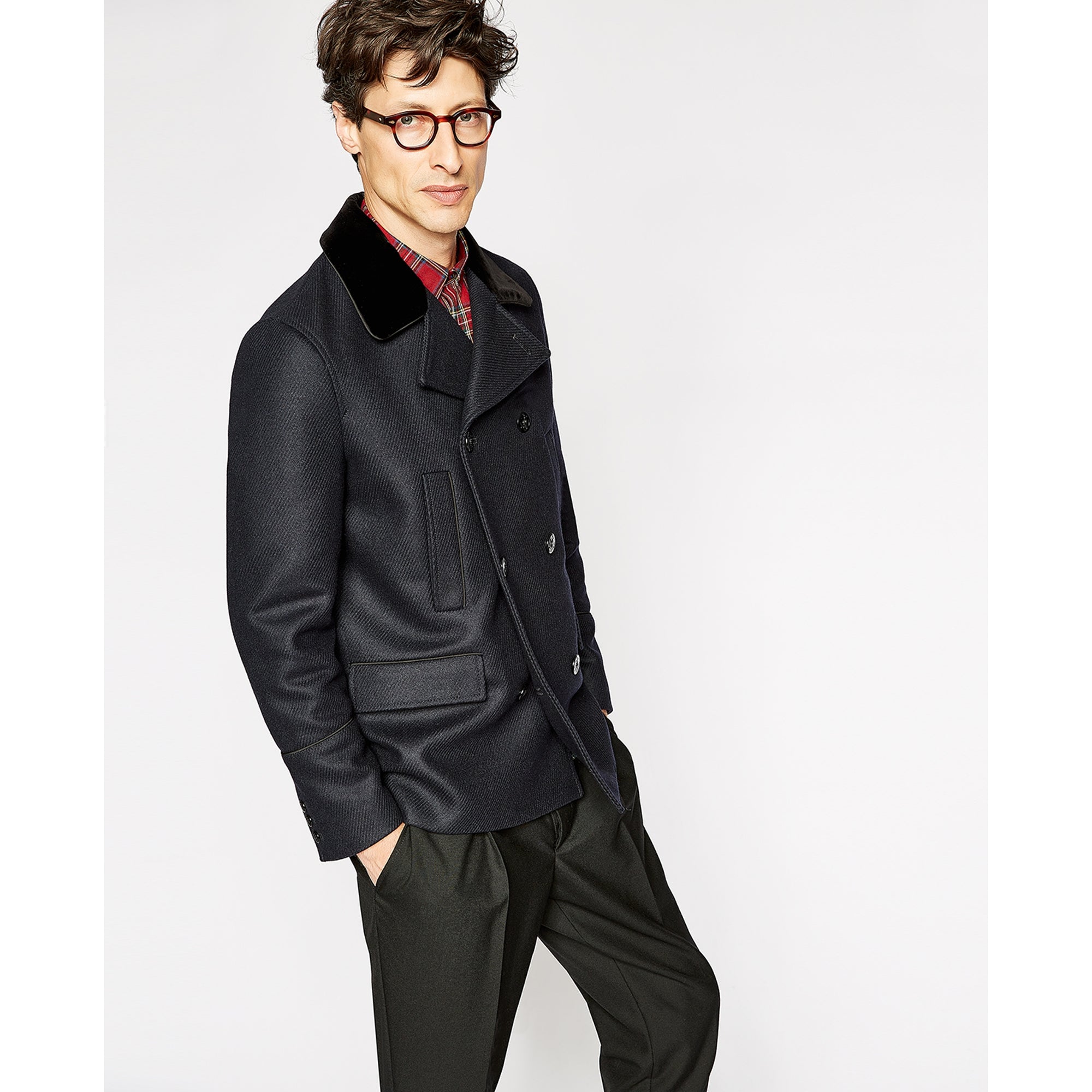 Blue Pea Coat With Velvet Collar | Men | Dark Navy