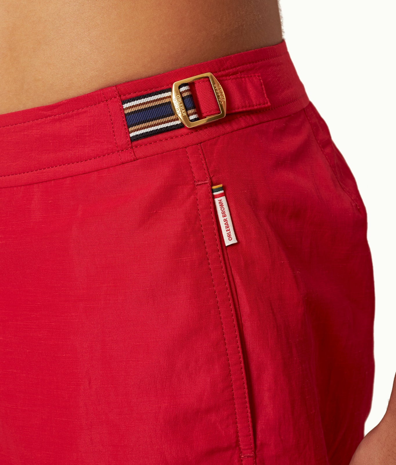 Bulldog Linen Mid-Length Tape Stripe Linen Blend Swim Shorts | Vermillion/Stripe