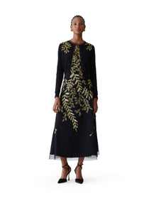 Embroidered Sleeveless Crewneck Midi Dress | Black/Gold