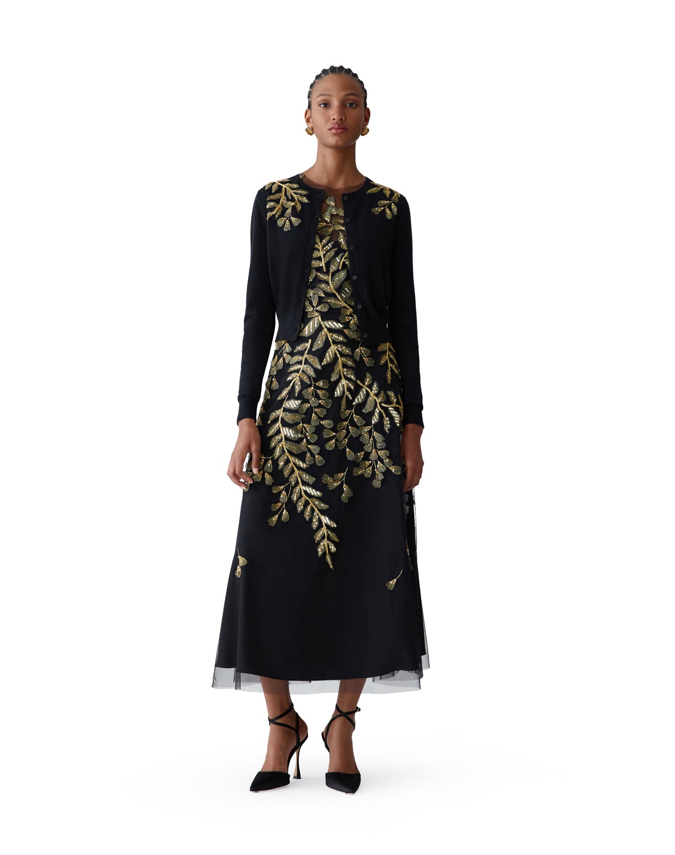 Embroidered Sleeveless Crewneck Midi Dress | Black/Gold