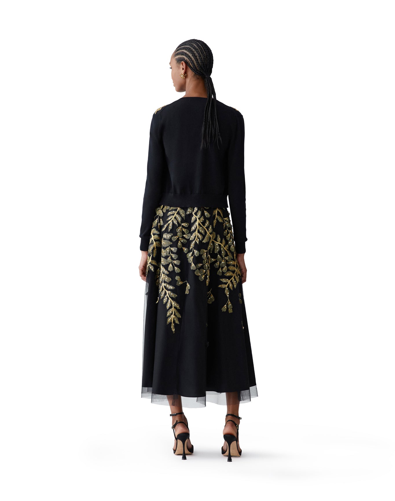 Embroidered Sleeveless Crewneck Midi Dress | Black/Gold