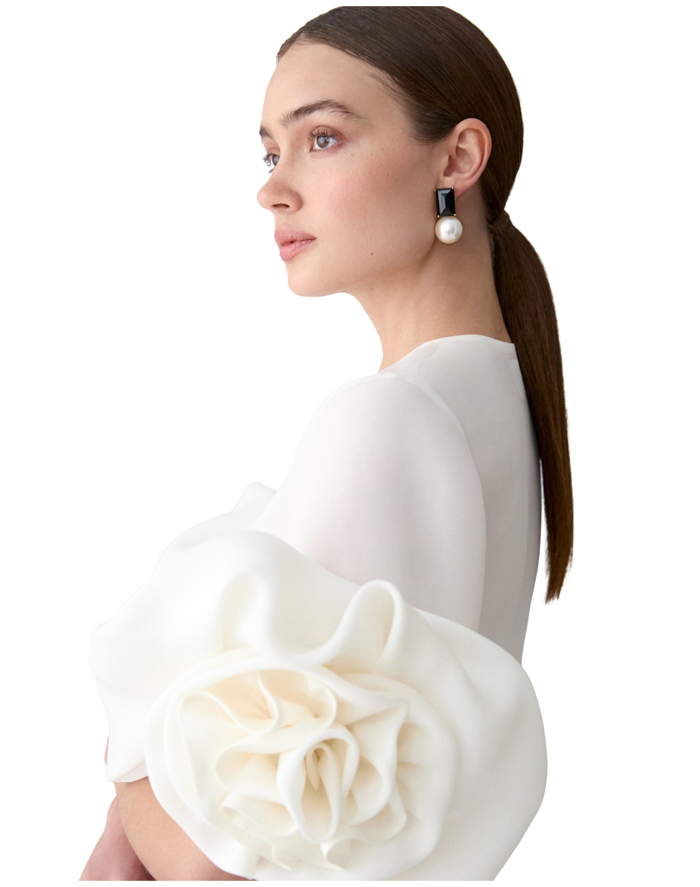 3/4 Flower Sleeve Button Down Top | White