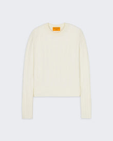Cable Shrunken Crew - Cream womens slim fit cable knit sweater with ribbed cuffs and hem in light cream color.