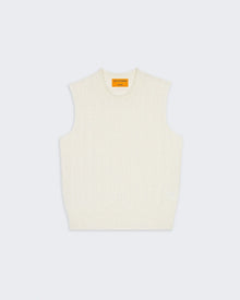 Cable Vest In Cashmere - Cream, women's lightweight sleeveless cable knit vest with rib neck and hem trim.