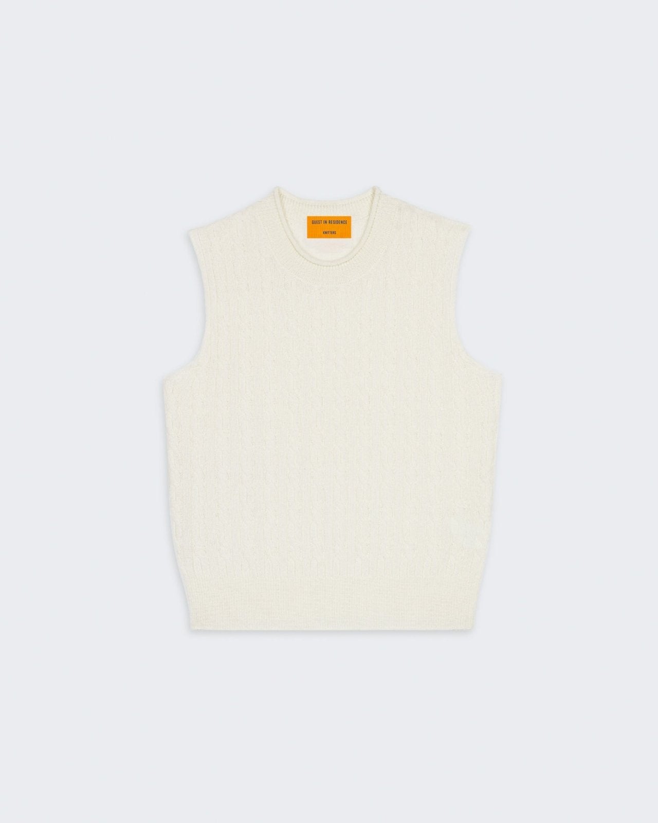 Cable Vest In Cashmere - Cream, women's lightweight sleeveless cable knit vest with rib neck and hem trim.