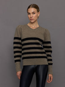 Striped Puff Sleeve Sweater | Stone/ Black