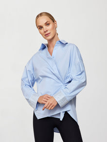 Carbon38 | Rhinestone Oversized Button Up Shirt | Blue With Silver Rhinestones