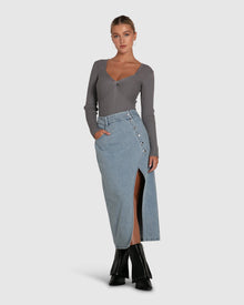 Women | Can't Forget You Denim Midi Skirt | Stonewash