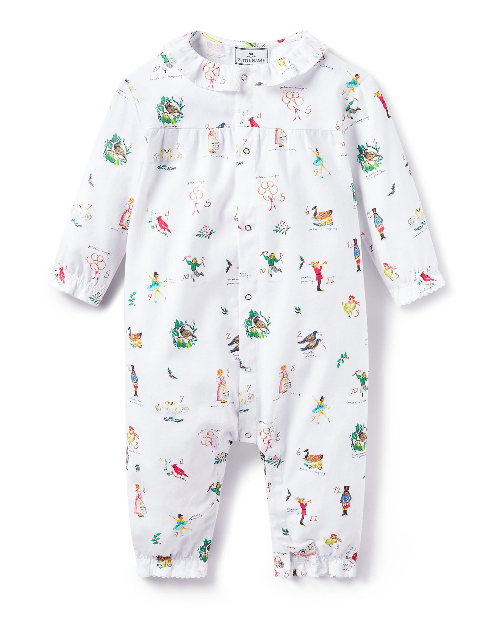 Baby's Twill Madeline Romper in 12 Days of Christmas: a white long-sleeve romper featuring colorful festive prints, a button-down front, and ruffled collar and cuffs.