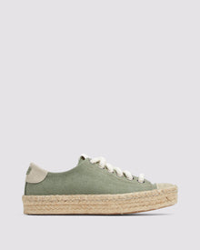 P448 green canvas low-top sneaker featuring a green canvas fabric upper and toe, tan recycled suede heel tab, memory foam insole, and organic jute sole.