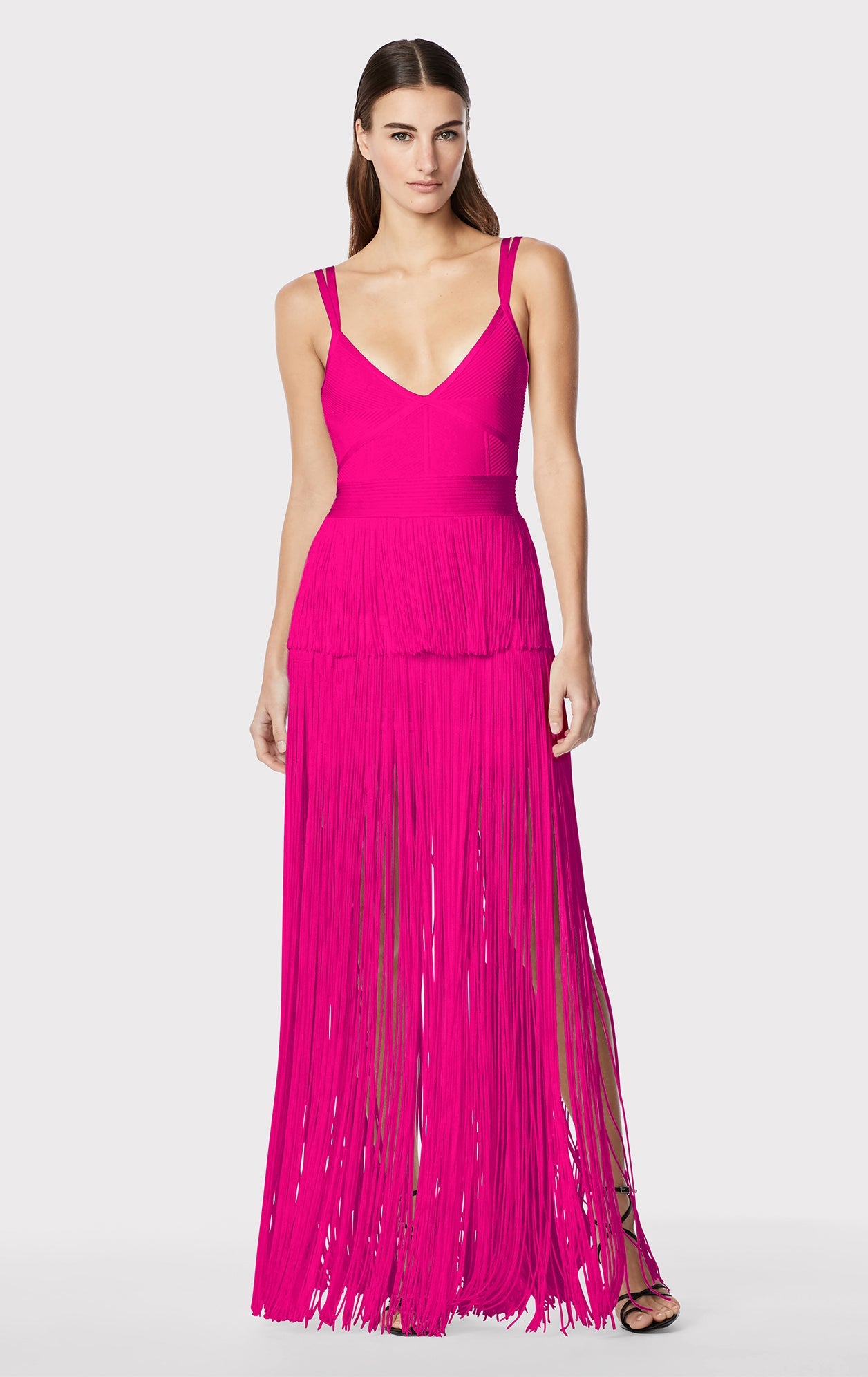 Strappy Ottoman Fringe Gown | Magenta