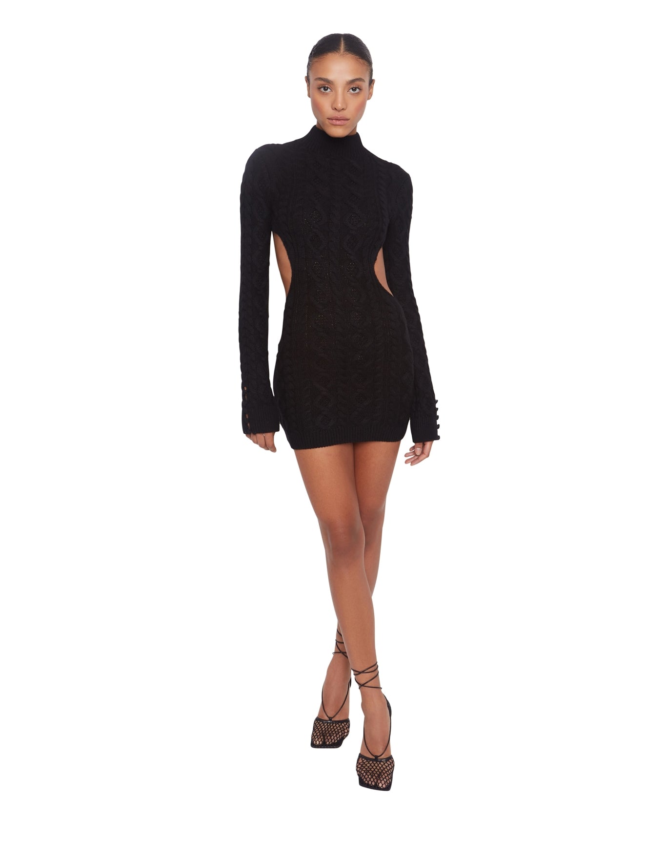 Cable Knit Backless Turtleneck Dress | Black