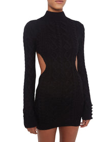 Cable Knit Backless Turtleneck Dress | Black