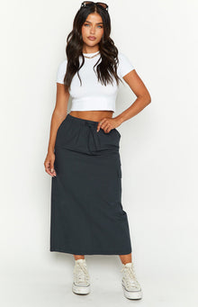 Indigo midi cargo skirt with an elasticated drawstring waist and side utility pockets