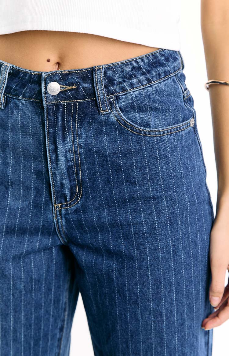 Calliope Pinstripe Mid Rise Slouchy Jeans | Mid Wash