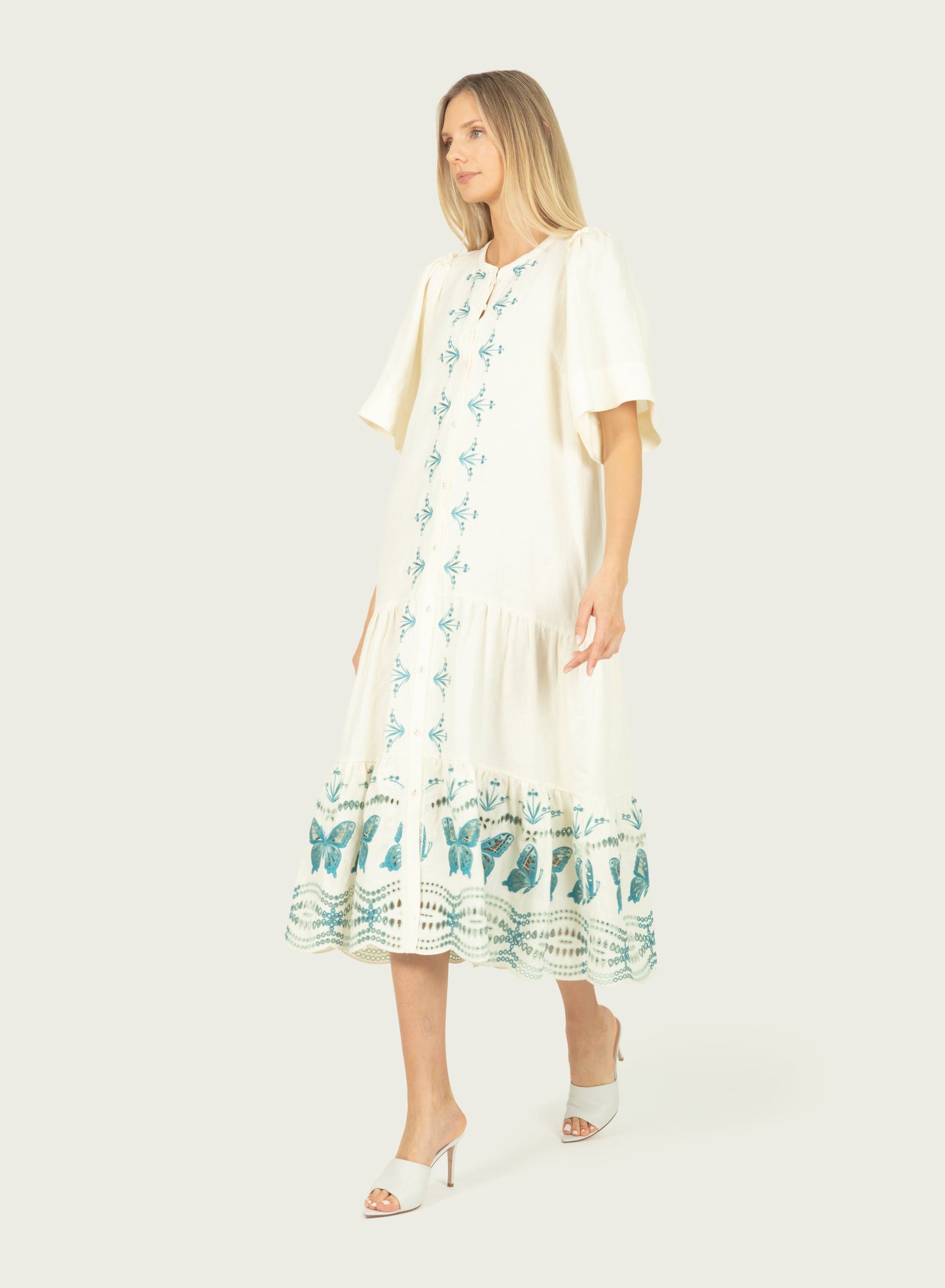 Marcella Dress | Creme x Multi-Blue Embroidery