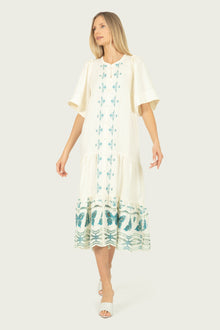Marcella Dress | Creme x Multi-Blue Embroidery
