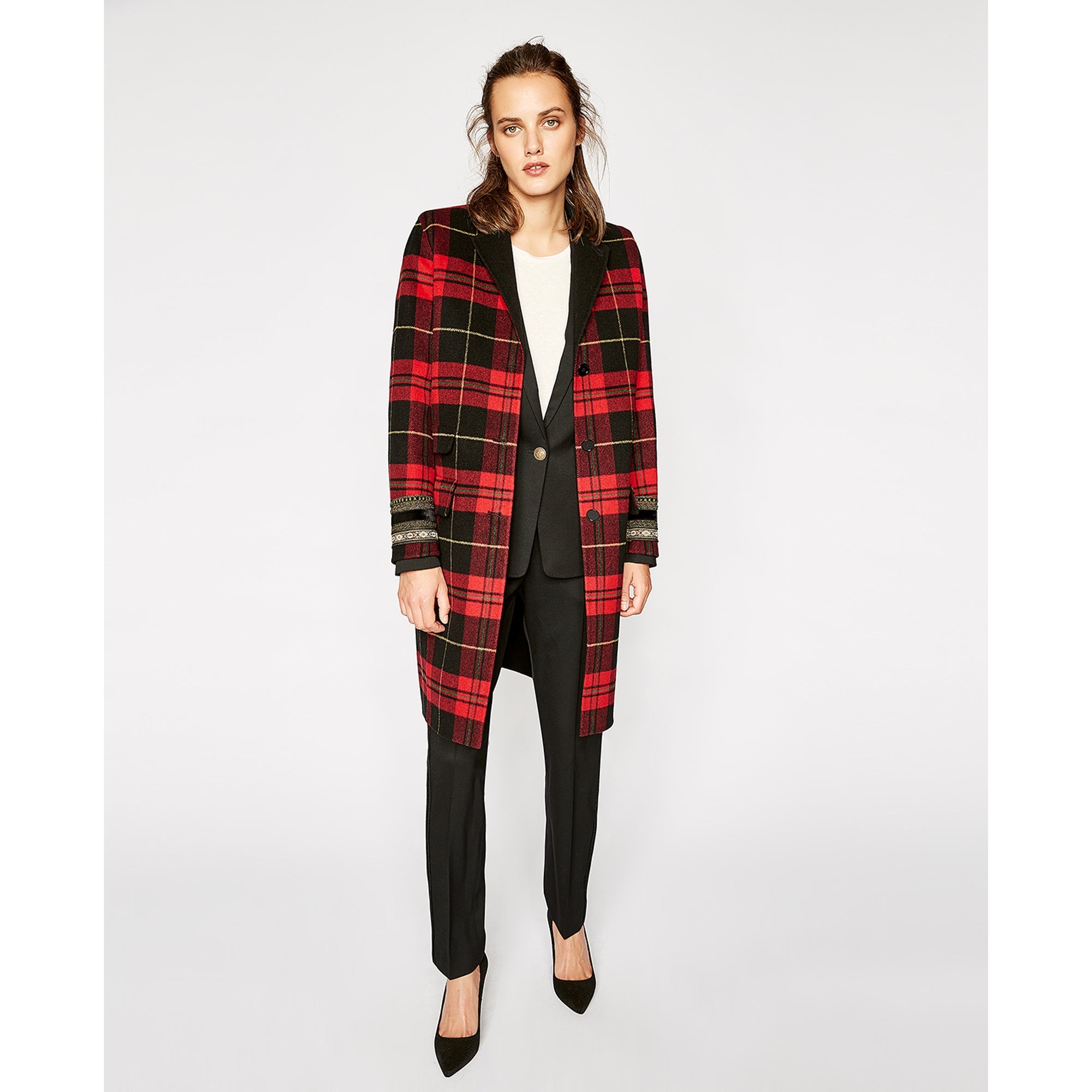 Checked Wool Mix Coat | Women | Black x Red