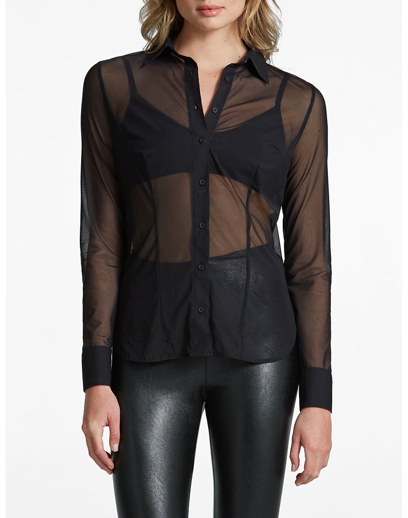 Chic Mesh Button Down Shirt | Black
