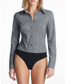 Classic Printed Button Down Bodysuit | Houndstooth Plaid
