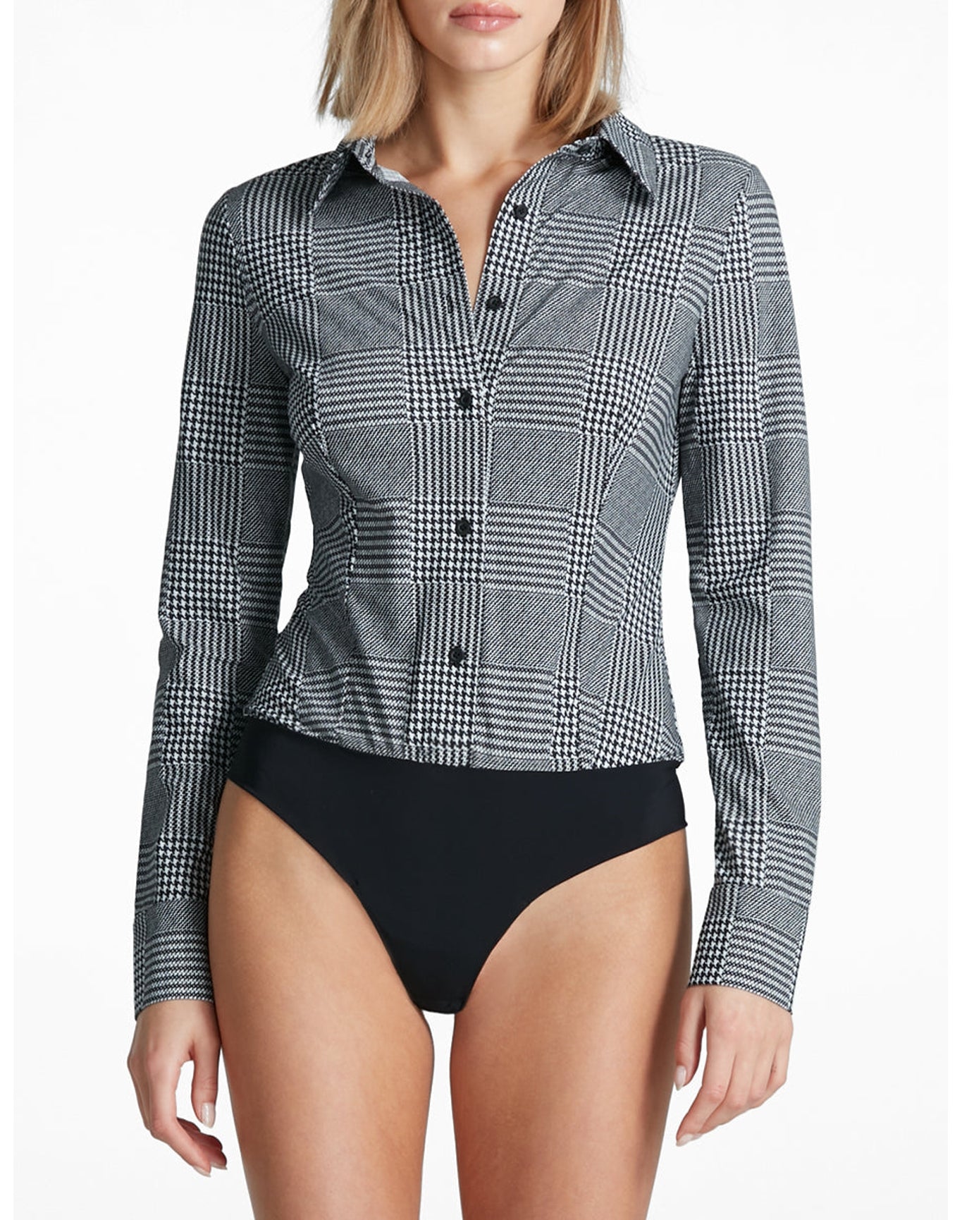 Classic Printed Button Down Bodysuit | Houndstooth Plaid