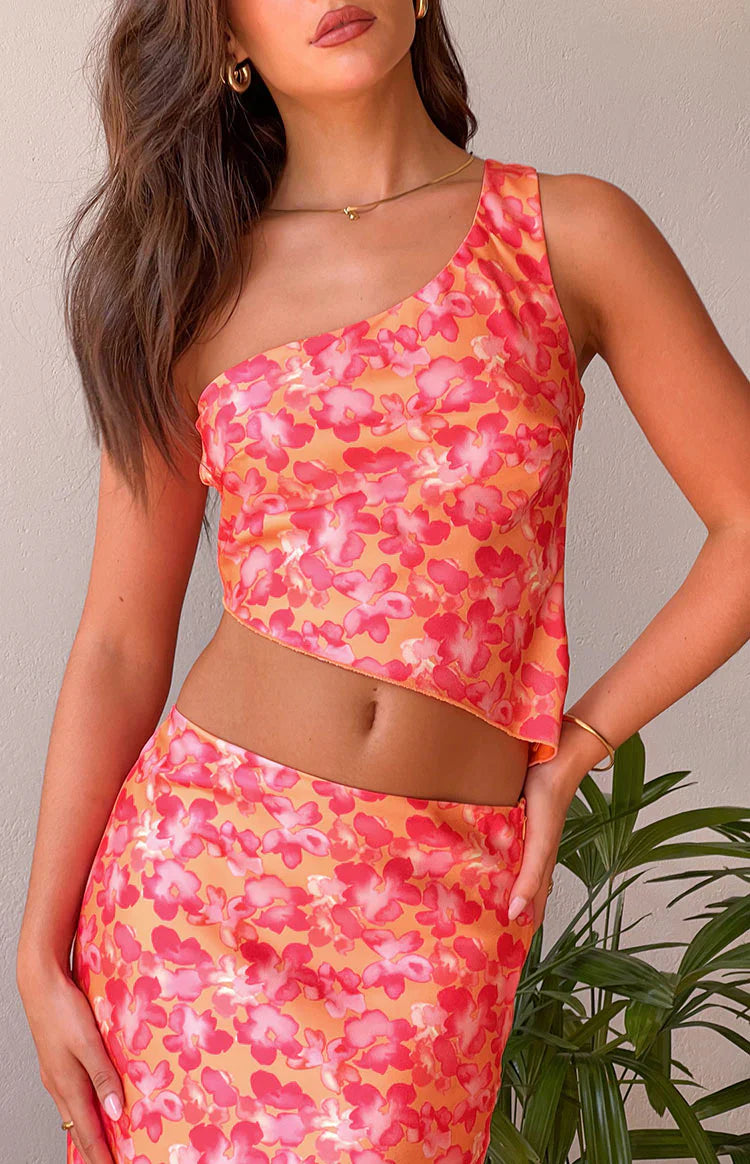Claudi Satin One Shoulder Top | Orange And Pink